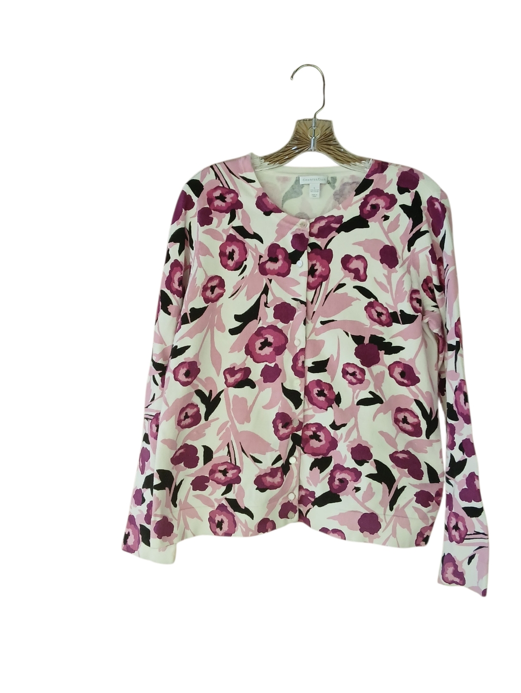 Charter Club Pink & Black Floral Crew Neck Cotton Nylon Cardigan Large